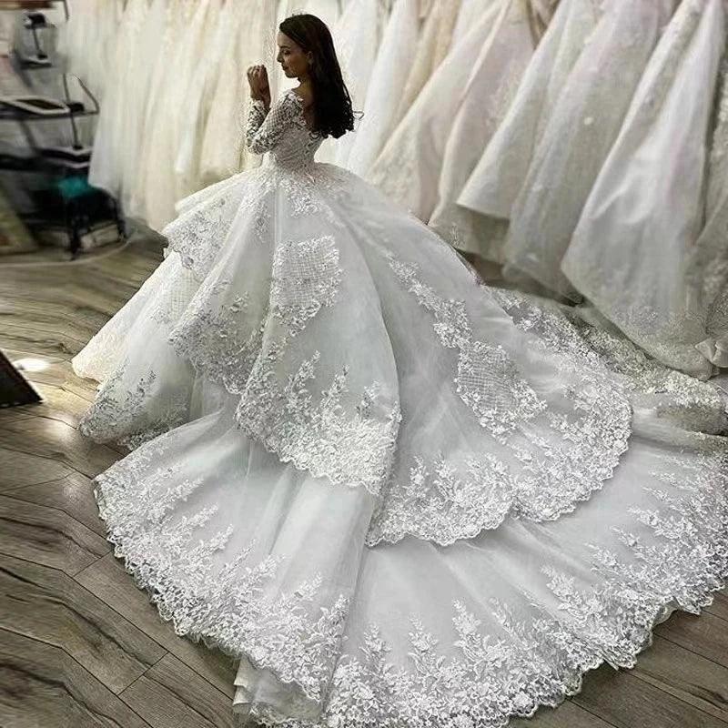 Muslim Wedding Dresses Women's Elegant A-line Arab Bridal Gowns Lace Applique Robe Luxury Princess Layered Group 2023 De Mariée by payinti