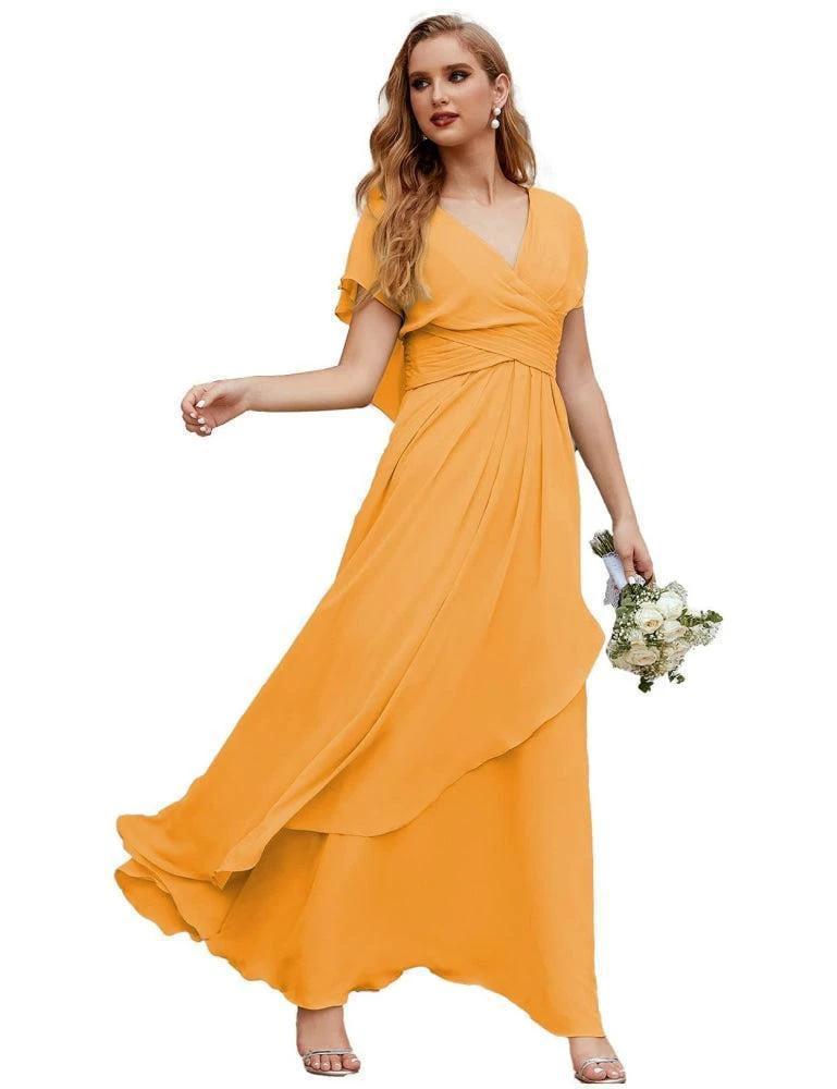 Numbersea Chiffon Bridesmaid Dresses Long Formal Evening Prom Mother of The Bride Dress with Flutter Sleeve     SEA28040