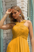 Vestido de dama de honor de gasa con cuello halter para mujer de Numbersea, corte A, largo, formal, para fiesta de graduación, SEA28015 