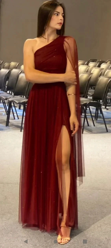 Elegant Burgundy A-line Tulle Evening Dress With Split Y7159 by simplepromdress