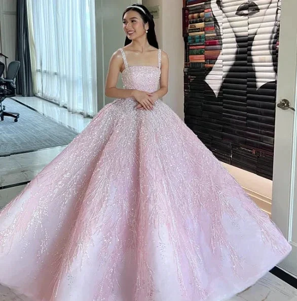 New Arrival Pink Straps Sequin Beaded Long Ball Gown Formal Occasion Gowns Y4918 by simplepromdress