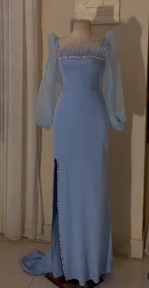 Vintage Square Neckline Long Sleeves Evening Dress Fashion Evening Gown Y5014 Main Image