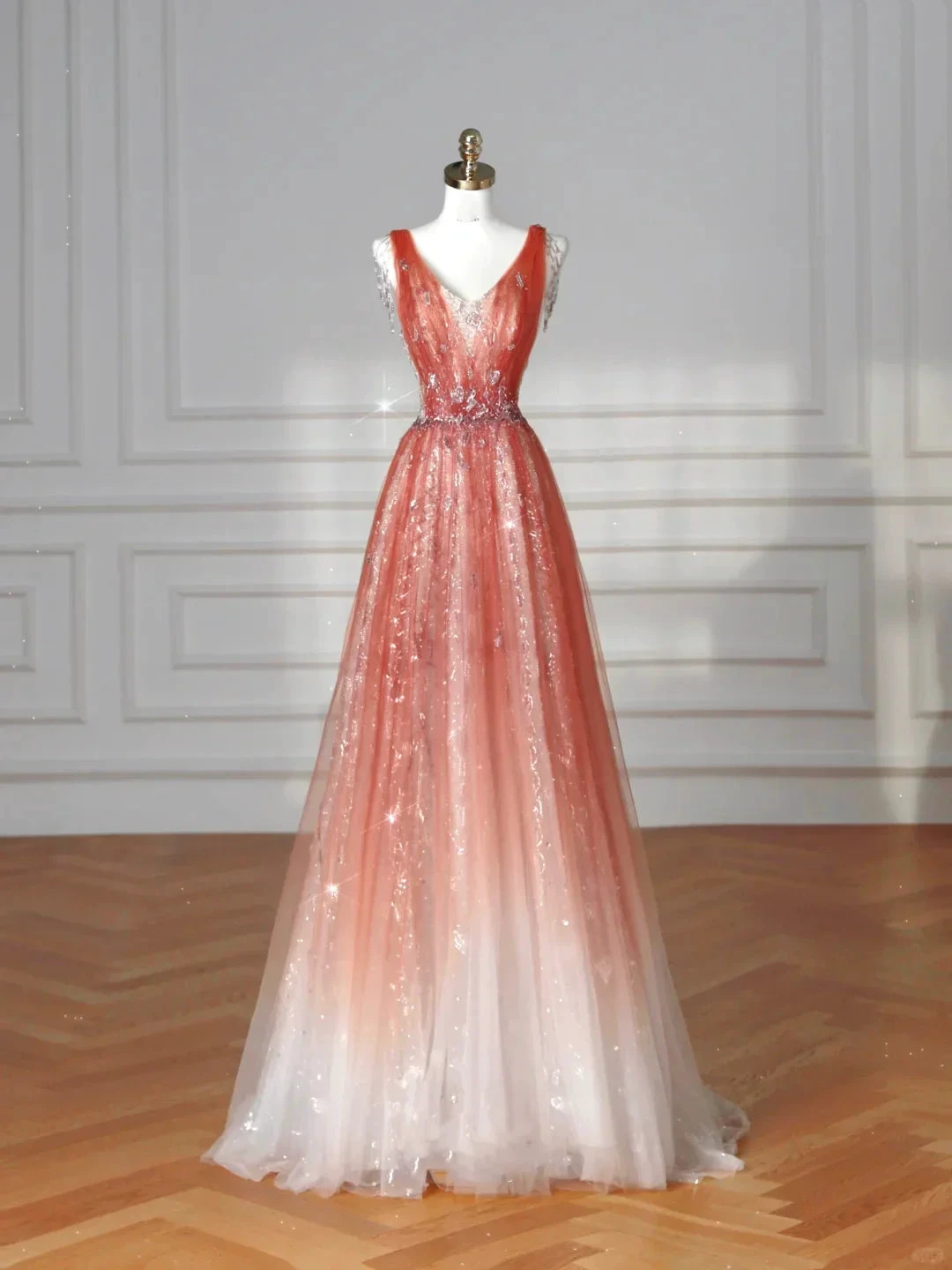 Elegant V Neck Tulle Sequins Prom Dress Strawberry Pink A Line Long Evening Dress Y8614 by simplepromdress