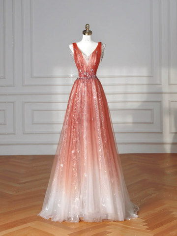 Elegant V Neck Tulle Sequins Prom Dress Strawberry Pink A Line Long Evening Dress Y8614