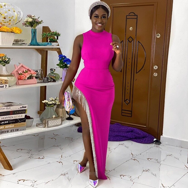 Women's Sexy Shiny Slit Fringe Bandage Dress Elegant Long Evening Dress Y407 Hover Image