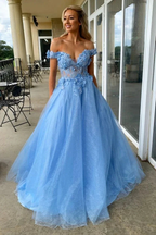 Blue Tulle Lace Long Prom Dresses, A-Line Off the Shoulder Evening Dresses Y1414 by simplepromdress