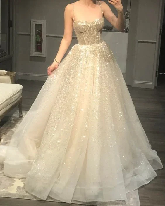 Women's Spaghetti Straps Sparkly Bohemian Wedding Dress Y5872 by simplepromdress