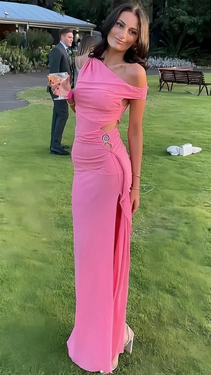 Unique Pink Off The Shoulder Chiffon Bodycon Long Party Dress Slit Prom Evening Dress Y8024 by simplepromdress