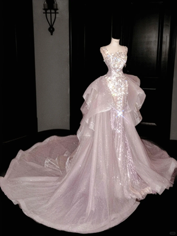 Glamorous Lavender Tulle Beaded Mermaid Prom Dress Formal Evening Dress Y8669