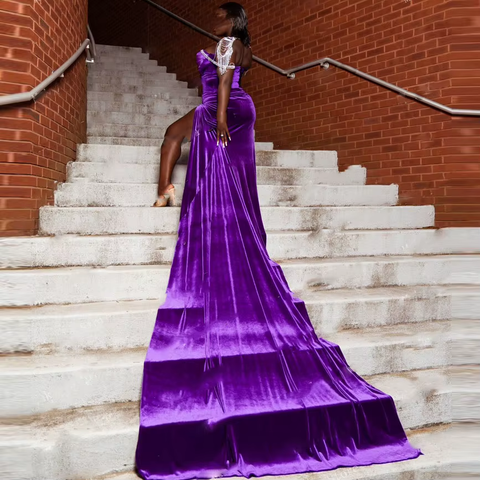 Vestido de noche de terciopelo morado, vestido formal sexy para chicas negras Y1835