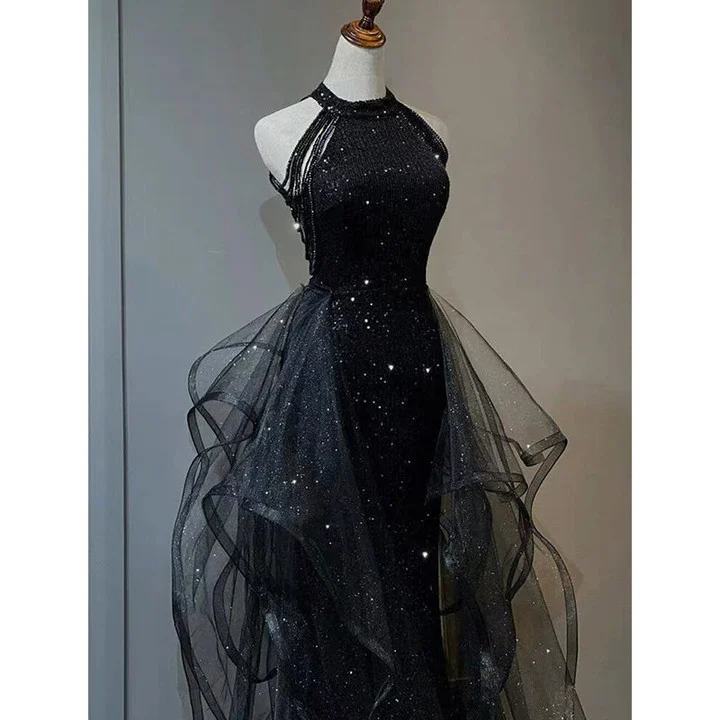 High Neckline Black Halter Shiny Tulle And Sequins Evening Dress, Black Tulle Prom Dress Y1864