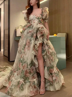 Print Floral Vintage Dress Open Fork Elegant Evening Dress Puff Sleeves Sweet Female New Y6911 by simplepromdress
