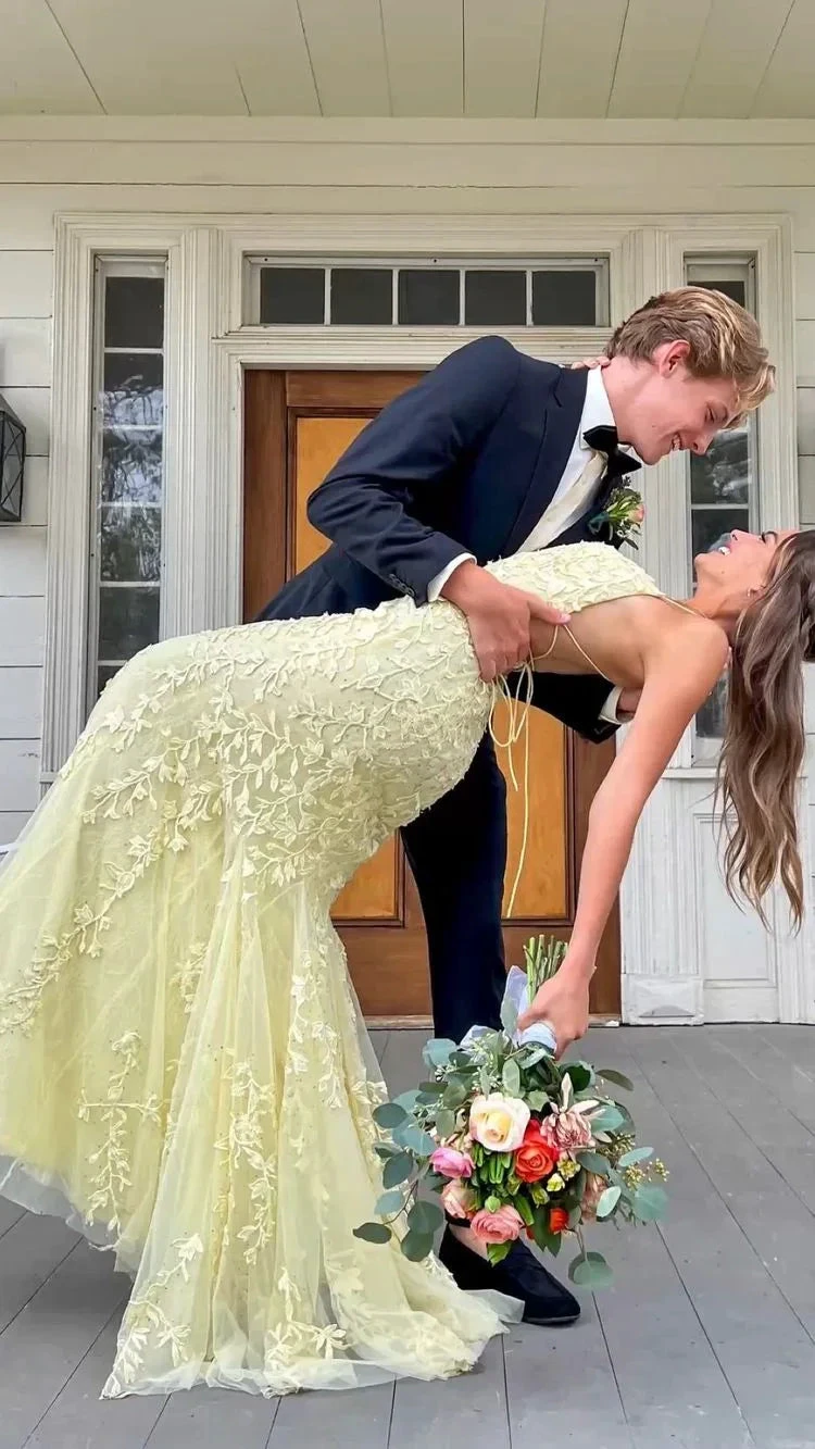 Mermaid Yellow Lace Tulle Prom Dress,Yellow Evening Dress Y2248 by simplepromdress
