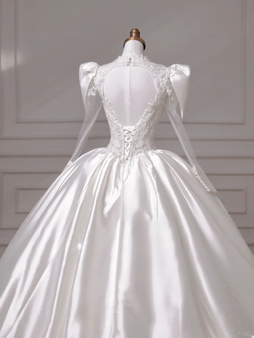 Hermoso vestido de novia de satén blanco con apliques de encaje, corte A, vestido de fiesta formal Y8607