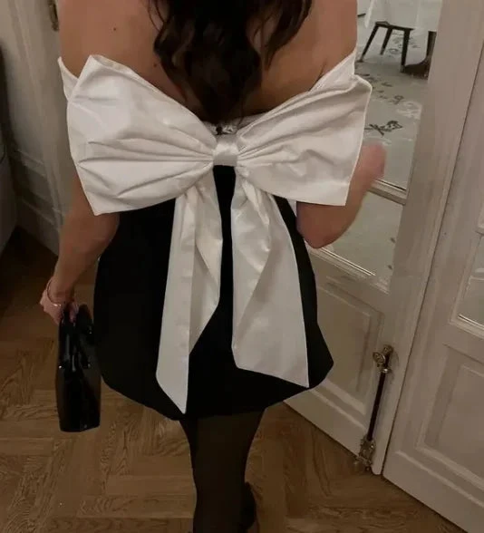 Chic Strapless Black Satin A Line Homecoming Dress With Bow Y8508 by simplepromdress