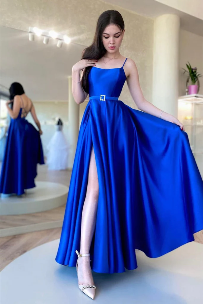 Backless Royal Blue Satin Long Prom Dress with High Slit, Backless Blue Formal Graduation Evening Dress Y203 Hover Image