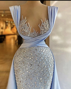 Elegant light blue sequin evening gown with sheer beaded bodice, ZAPDRESS fashion style
