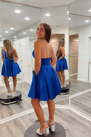 Backless V Neck Royal Blue Prom Dress Royal Blue Short Homecoming Dress Y202
