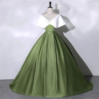Elegant green ball gown dress with white off-shoulder cape on mannequin, ZAPDRESS