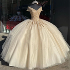 Off the Shoulder Quinceanera Dresses Champagne Lace Appliqued Beaded Ball Gown Y4148 by simplepromdress
