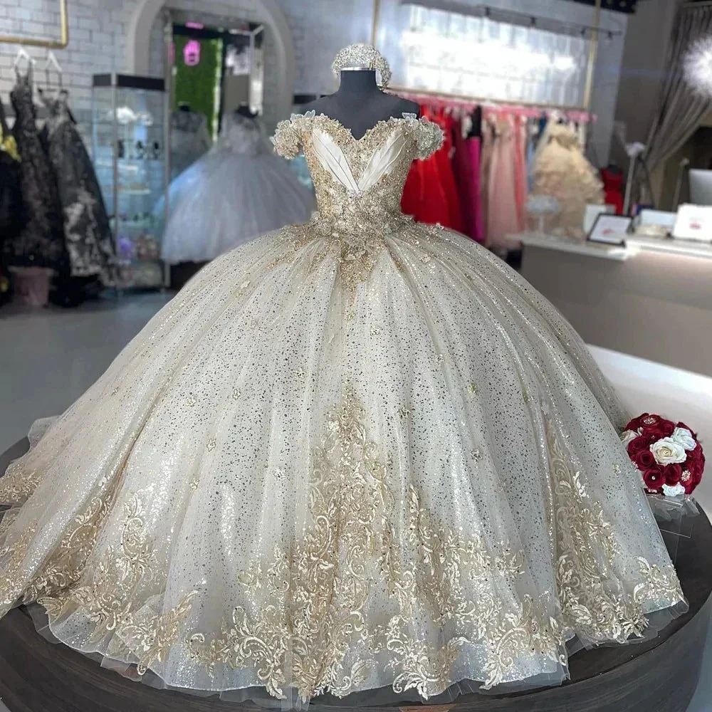 Sparkly Off Shoulder Champagne Quinceañera Dress Party Ball Gown Y2612 by simplepromdress
