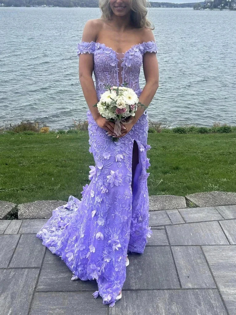 Pretty Off the Shoulder Mermaid Lilac Lace Floral Long Prom Dresses, High Slit Graduation Evening Dresses Y7848 by simplepromdress
