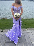 Pretty Off the Shoulder Mermaid Lilac Lace Floral Long Prom Dresses, High Slit Graduation Evening Dresses Y7848 by simplepromdress