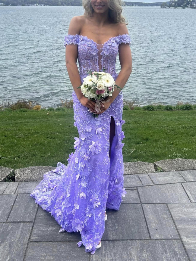 Pretty Off the Shoulder Mermaid Lilac Lace Floral Long Prom Dresses, High Slit Graduation Evening Dresses Y7848 Hover Image