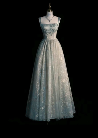 Vestido de fiesta largo de tul con encaje verde salvia, corte A, Y7544