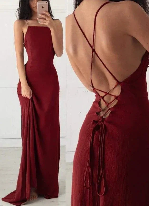Sexy Spaghetti Straps Burgundy Long Prom Dress Backless Evening Dress Y7832 by simplepromdress