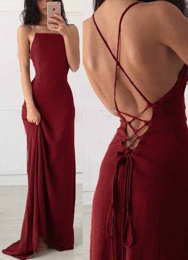 Sexy Spaghetti Straps Burgundy Long Prom Dress Backless Evening Dress Y7832 Hover Image