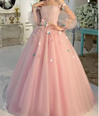 Long Sleeve Prom Dresses, Pearl Pink Ball Gown Long Floral Fairy Prom Dress S24387 by simplepromdress