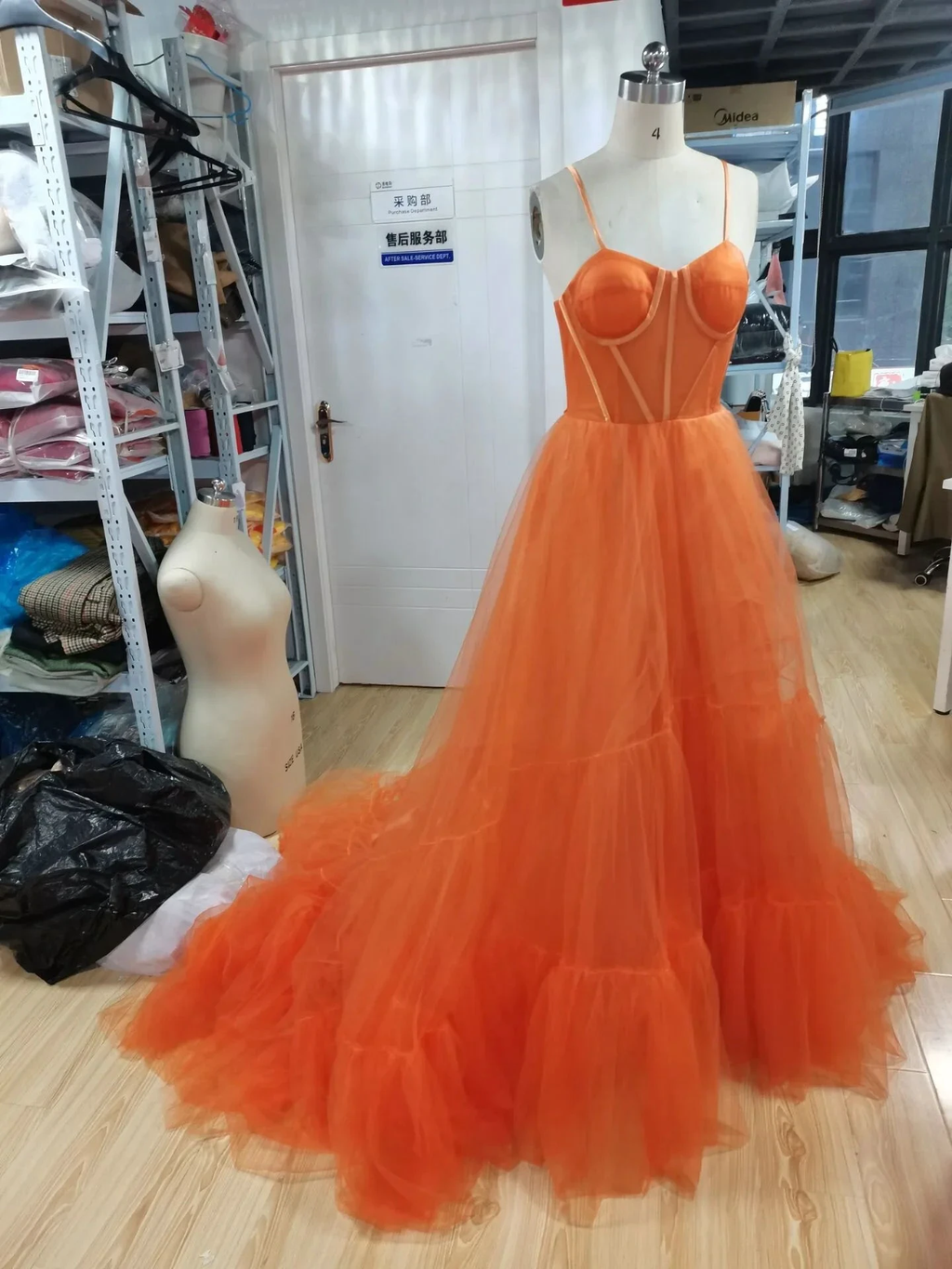 Spaghetti Straps Orange Tulle Evening Dress,Sexy Prom Gown Y1243 by simplepromdress