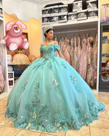 Vestidos de quinceañera con vuelo, hombros descubiertos, apliques florales, vestidos mexicanos de 16 años Y2634