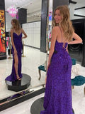 Mermaid V Neck Open Back Long Prom Dresses with Slit Sequins Formal Graduation Evening Gowns Y7398 by simplepromdress