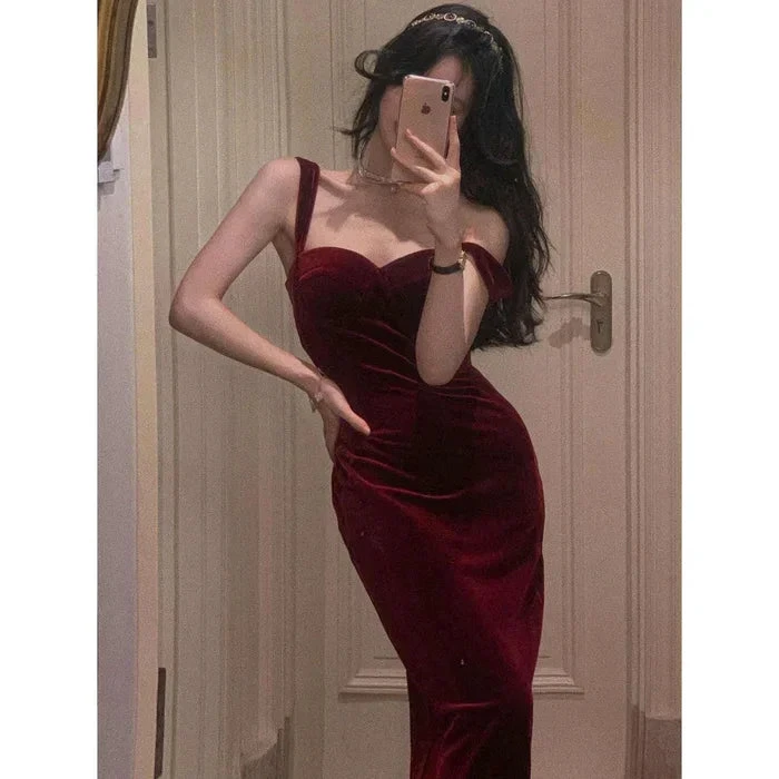 New Summer Women Vintage Sleeveless Velvet Dress Female Spaghetti Strap Sexy Bodycon Dress Ladies Elegant Evening Dress Y1654 by simplepromdress