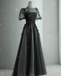 Elegant Black A-line Tulle Prom Dress,Puffy Sleeves Evening Dress Y2037 by simplepromdress