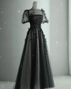 Elegant Black A-line Tulle Prom Dress,Puffy Sleeves Evening Dress Y2037 by simplepromdress