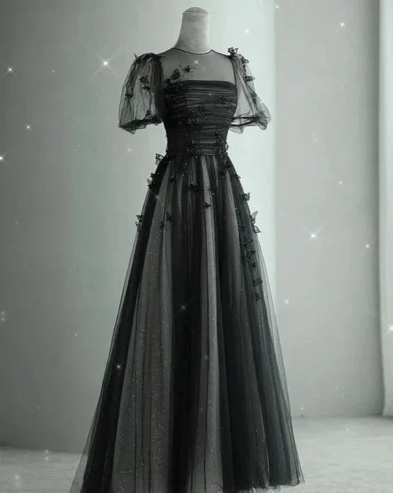 Elegant Black A-line Tulle Prom Dress,Puffy Sleeves Evening Dress Y2037 by simplepromdress