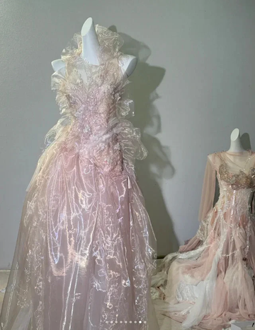 Fairy Pink Tulle Beaded Prom Dress Long Backless Evening Dress Y8564 by simplepromdress