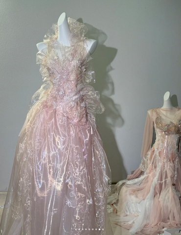 Fairy Pink Tulle Beaded Prom Dress Long Backless Evening Dress Y8564