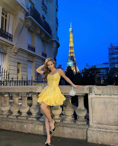 A-Linie Spaghettiträger Gelbes Homecoming-Kleid Gelbes Abschlusskleid für Teenager Y2364