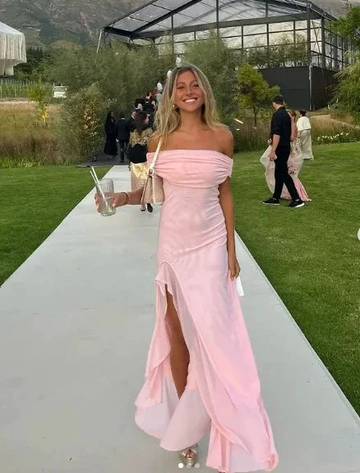 Elegant Off The Shoulder Chiffon Slit Prom Dress Pink Formal Evening Dress Y8236 by simplepromdress