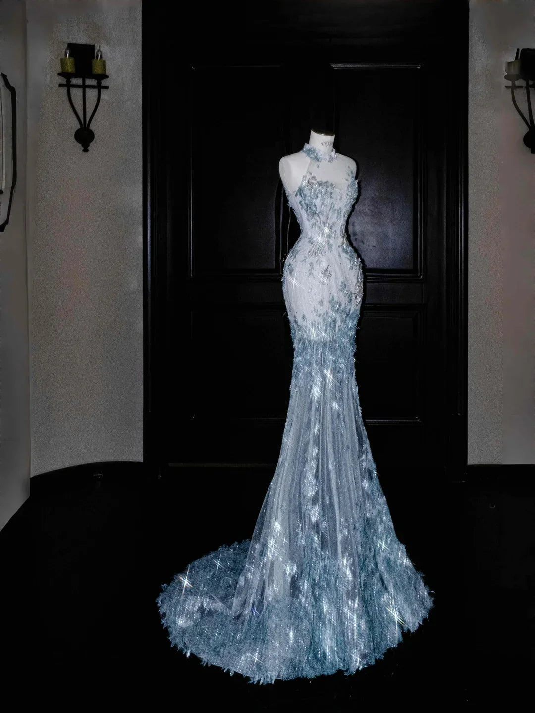 Dream Blue Tulle Sequins Appliques Mermaid Evening Dress Long Prom Dress Y8673