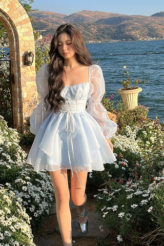 Blue A-line Princess Dress Blue Long Sleeves Homecoming Dress Blue Fairy Dress Y6083