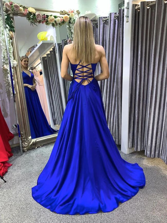 Simple A line blue long prom dress, backless blue evening dress Y367 Main Image