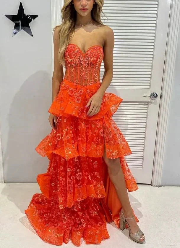 Chic Orange Strapless A-Line Lace Layered Appliques Prom Dress Slit Evening Dress Y7885 by simplepromdress