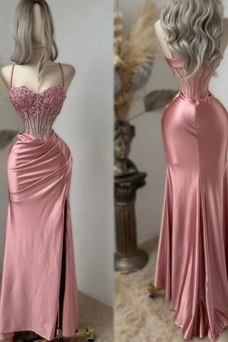Pretty Pink Sweetheart Spaghetti-Straps Appliques Beaded Split Evening Dress Mermaid Prom Dress Y8056