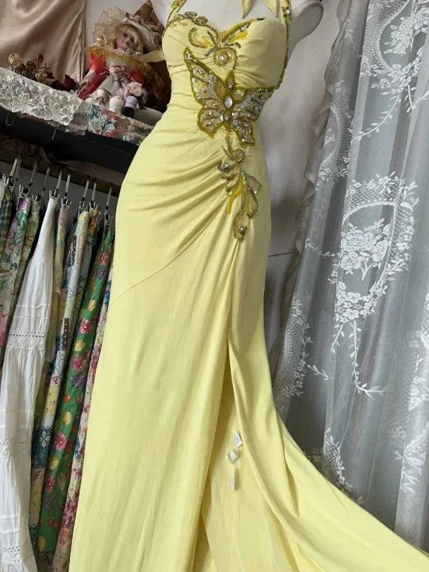 Elegant Yellow Mermaid Halter Neck Sequin Diamond Long Prom Dress Backless Slit Evening Dress Y8554 by simplepromdress