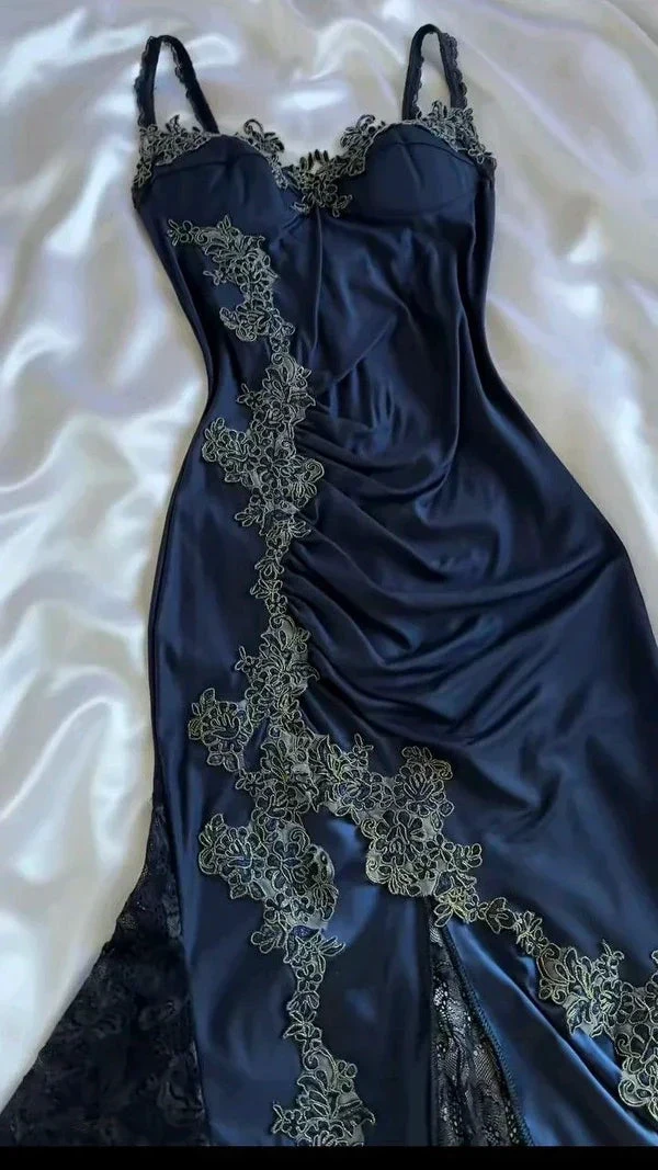 Vintage Navy Blue Satin Lace Appliques Mermaid Evening Dress Prom Dress Y8497 by simplepromdress